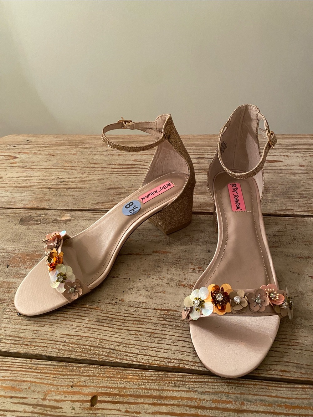 Betsey Johnson Pink and Gold Floral Embellished Block Heels